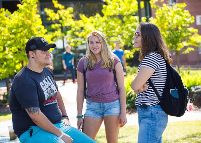 Two females and a male student talk to each other outside.