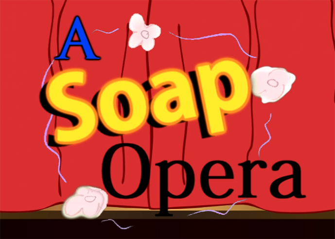 Wordmark for A Soap Opera, with red curtain illustration in background.