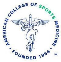 Wordmark of American College of Sports Medicine, logo depicting a male athlete and a medical cross.