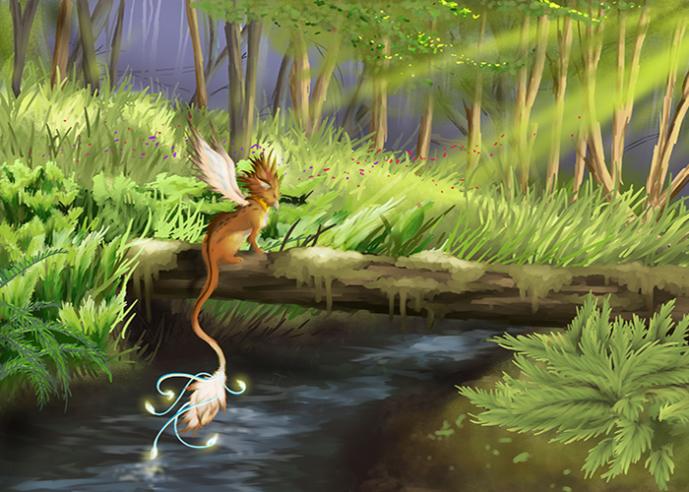 An illustration of a dragon, sitting on a log, over a river, in a sunny forest.
