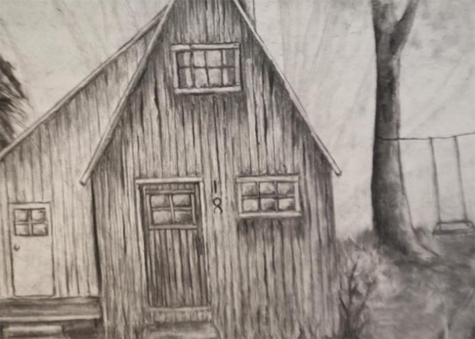 A pencil illustration of a wooden house, with a tree with a swing beside it.
