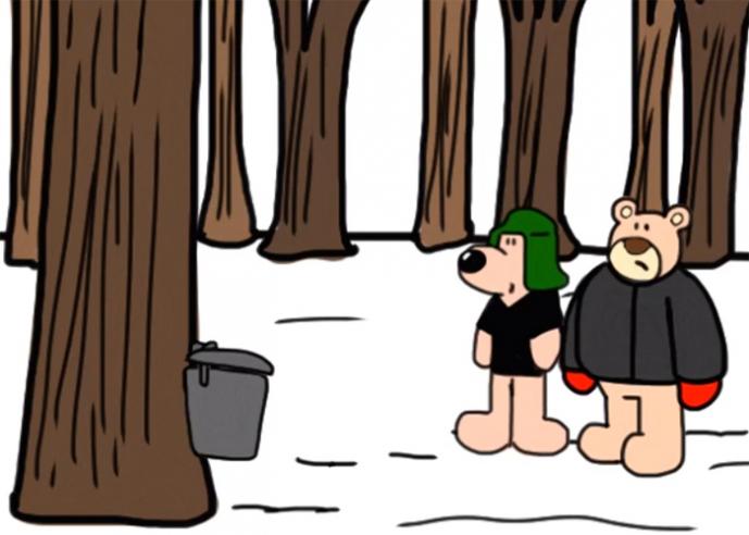 An illustration of two bears wearing clothes, standing up-right, trees around them.