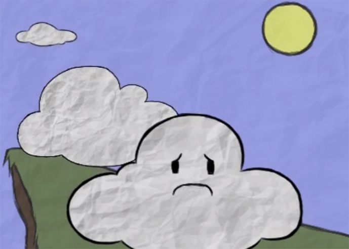 An illustration of a sad cloud on a cliff, with a yellow sun and two clouds in background.