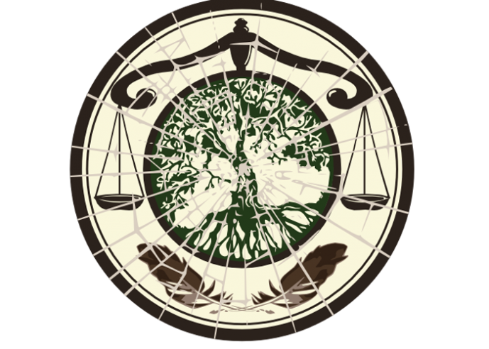 Graphic showing the scales of justice balancing above and abstract tree with two feathers at the bottom.