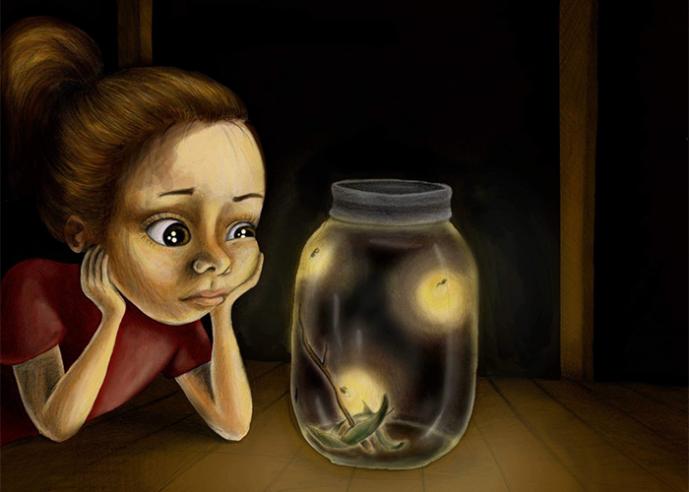 Illustration of a young girl, staring at a jar holding fireflies.