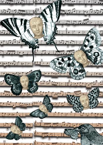 Collage using faces with butterfly wings on sheet music background, bird in bottom corner.