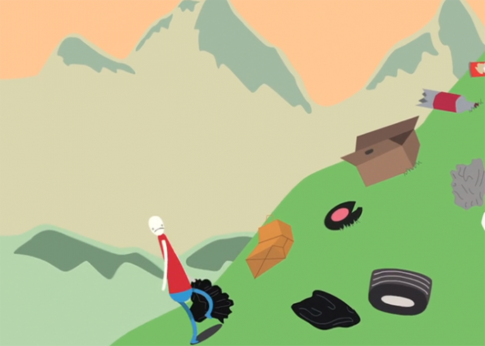 An illustration of a person walking on a green hill with junk scattered, mountains in background.
