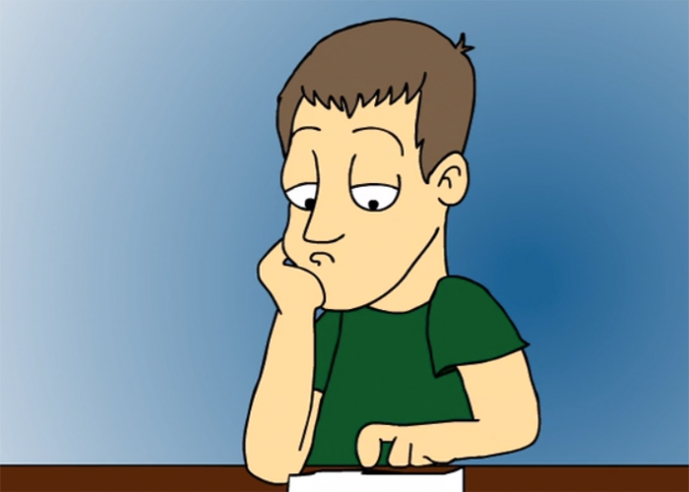An illustration of a man with a nervous expression, wearing a green shirt, sitting at a table.