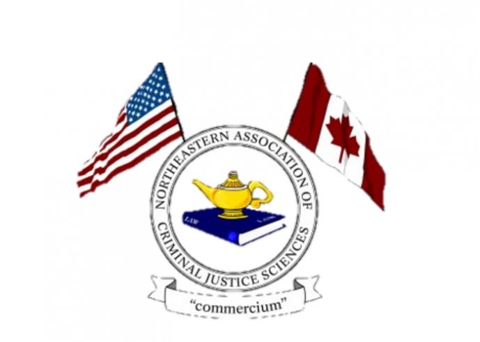 Logo with the American and Canadian flags for the Northeastern Association of Criminal Justice Sciences. Includes the Latin word commercium.