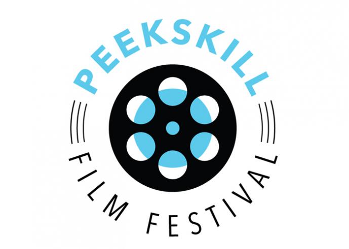 Wordmark for Peekskill Film Festival, logo depicting a film reel.
