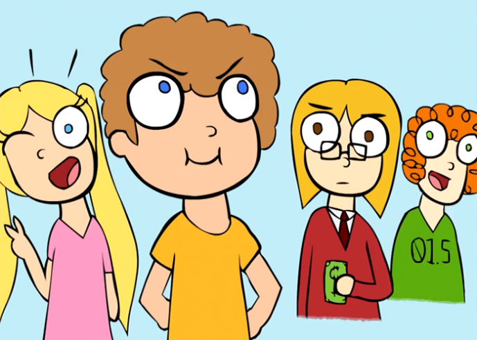 A cartoon illustration of four characters on a light blue background.