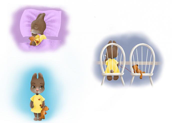 Three illustrations of a brown bunny wearing a yellow dress, holding a stuffed animal.