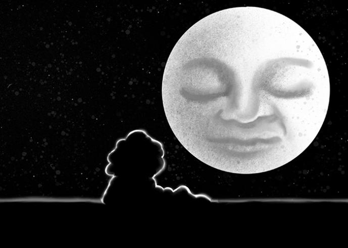 An illustration of a moon with a face, with black background and object in foreground.