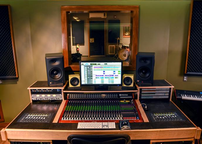 Recording equipment in a recording studio.