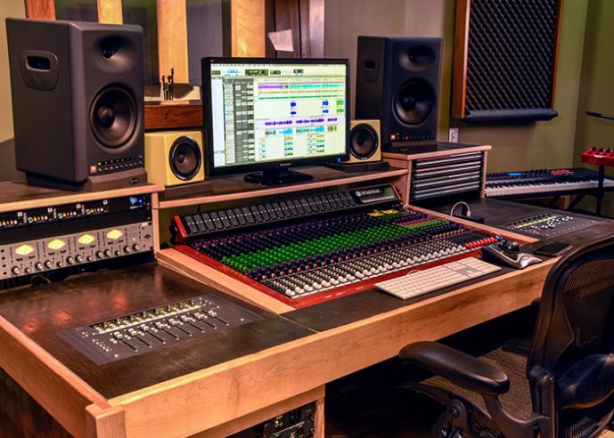 Recording equipment in a recording studio.