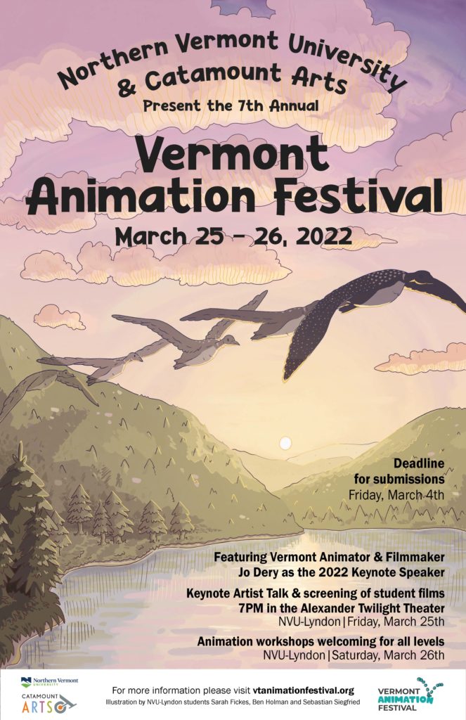 An illustrated poster with a flock of geese soaring over mountains and a lake.